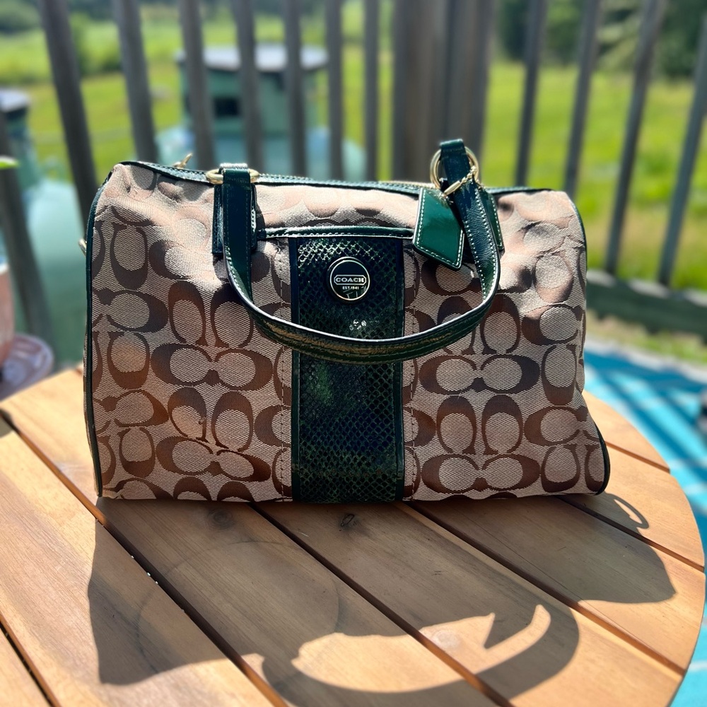 Coach Brown and Green Satchel with Signature Design